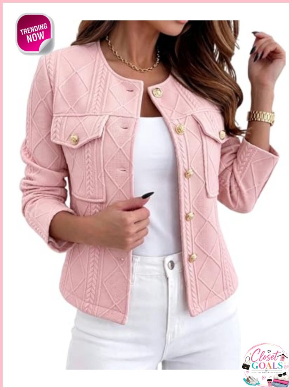 Cropped Argyle Cable Knit Jacket Gold-Tone Button Bomber
